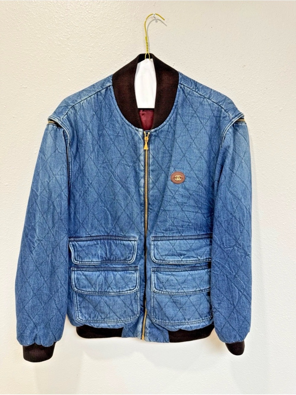 GUCCI Mens Varsity Jacket Blue Denim 2023 Removable Arms Gold Zipper sz 50 XL